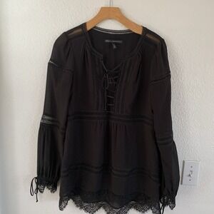 White House Black Market Black Lace Trimmed Boho Peasant Blouse Long Sleeve 6
